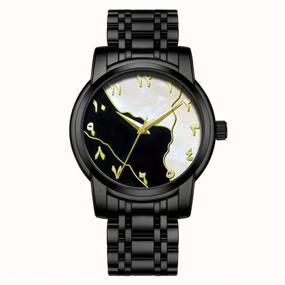 Men's Casual Arabic Numerals Quartz Watch - Scratch-Resistant HD Dial, IPX7 Waterproof, Stainless Steel Strap, Black & Golden Accents - Perfect Gift for Birthdays, Holidays & Family Reunions, Reliable Timepiece, Contemporary