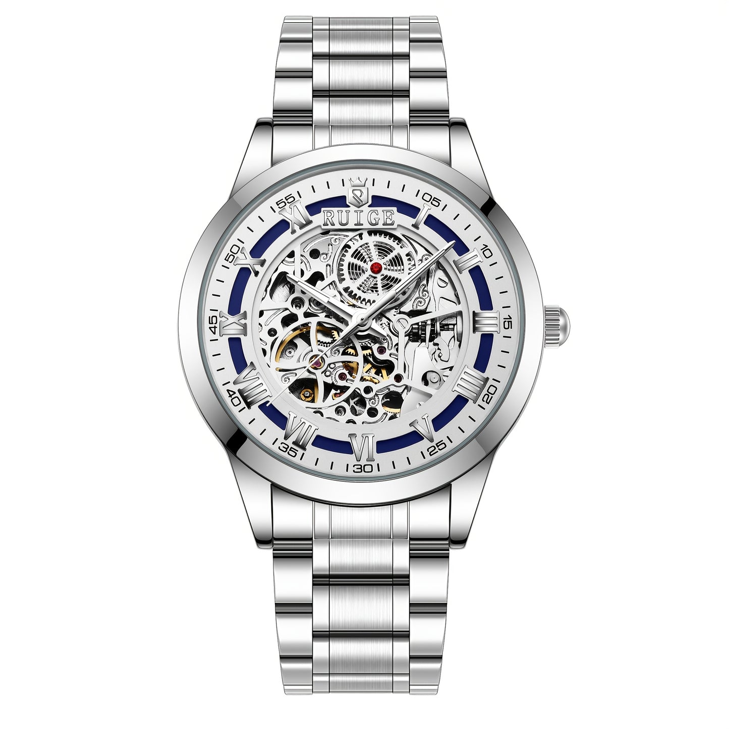 Dianpai Men'S Luxury Automatic Mechanical Watch - Skeleton Design, Stainless Steel Strap, Blue & White Dial, Mechanical Movement, Ideal for Christmas, Thanksgiving, and Spring Festival, Without Battery