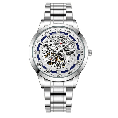 Dianpai Men'S Luxury Automatic Mechanical Watch - Skeleton Design, Stainless Steel Strap, Blue & White Dial, Mechanical Movement, Ideal for Christmas, Thanksgiving, and Spring Festival, Without Battery