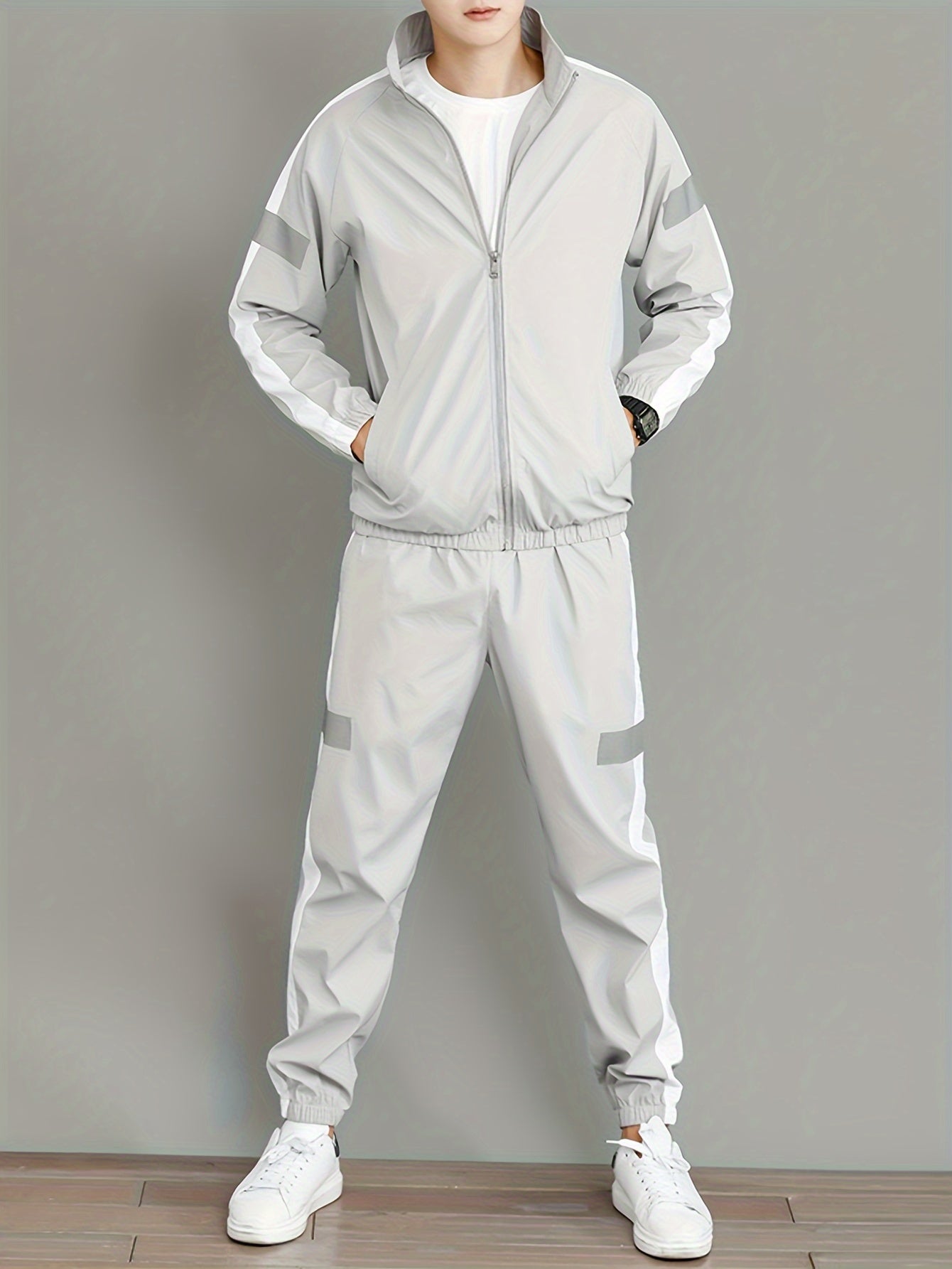 Men's Casual Sportswear Set - Black and White Striped Zip-Up Jacket with Reflective Accents & Matching Joggers, Polyester, Machine Washable, Ideal for Spring & Fall, Jogging Pants