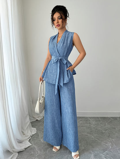 Women'S Elegant Two-Piece Summer Set - Sleeveless V-Neck Crop Top with Tie Detail & High-Waisted Wide-Leg Pants, Solid Color, Perfect for Spring/Summer, Casual Attire|Elegant Two-Piece Set|Polyester Fabric
