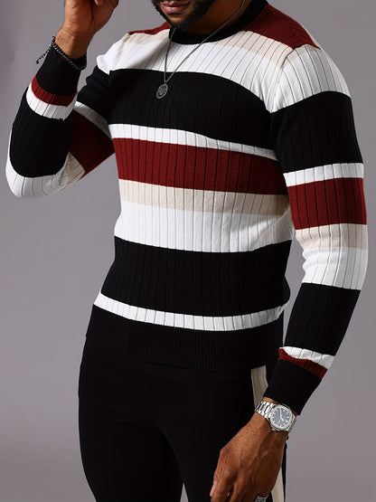 Men's Striped Color-Block Ribbed Knit Sweater - Long Sleeve Round Neck Pullover with Elastic Comfort Fit, Machine Washable Casual Fall Winter Top in Black/White/Green/Beige, Knit Sweater, Medium Elasticity