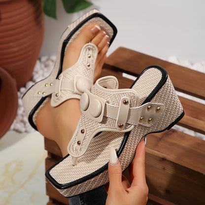 Women's Thick Platform Wedge Sandals with Metallic Studs - Slip-On Square Toe Breathable Fabric Upper & Cushioned Rubber Sole for Casual Comfort, Comfortable Footwear, Chic Shoe Design, Durable Traction Footwear
