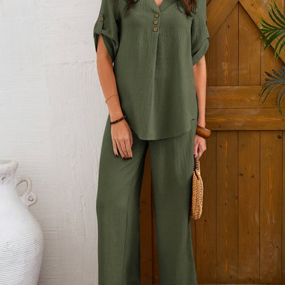 2pcs Women'S Olive Green Casual Short Sleeve Top & Wide-Leg Pants Set - Elegant Button-Up Blouse with Pockets, High-Waisted Jumpsuit for Spring/Summer/Fall, Versatile Outfit | Buttonup Blouse | Texture