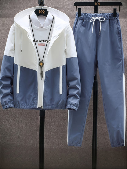 Men'S Casual Color Block Hoodie and Jogger Set, Long Sleeve, Regular Fit with Pockets, Suitable for Autumn and Winter