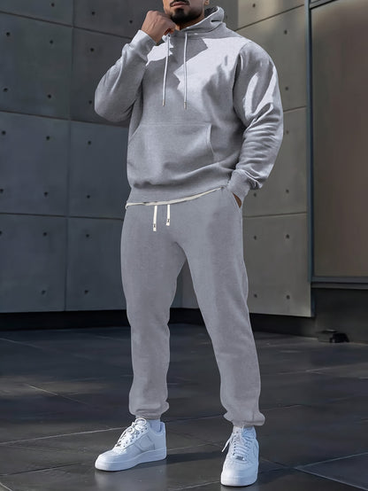 Men's Long Sleeve Hooded Sweatshirt + Threaded Sweatpants Set Spring and Autumn Solid Color Pullover Regular Long Sleeve T-shirt and Pants Belt Drawstring Casual Sports Trousers Two-piece Set