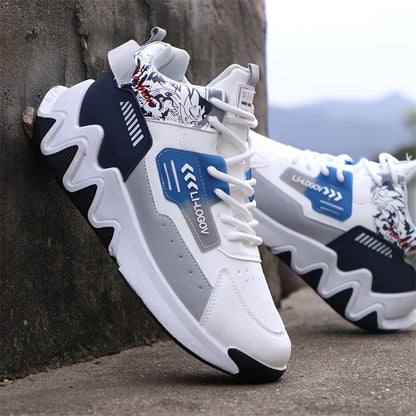 Men's High-Top Basketball Sneakers, Preppy Street Style, Solid Color with Cartoon & Stripes, All-Season Lace-Up Sports Shoes, Faux Upper, Fabric Inner, Rubber Sole, for Running, Hiking & Casual Wear, Outdoor Activities Shoes