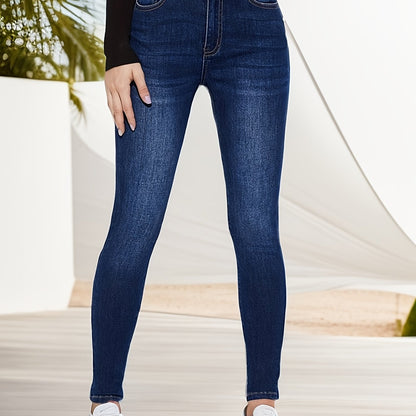 Women's Casual Plain Light Blue Skinny Jeans, Stretchy Denim Pants, Classic Design, High Waist Slim Fit For Everyday Fashion - Perfect For Fall & Winter
