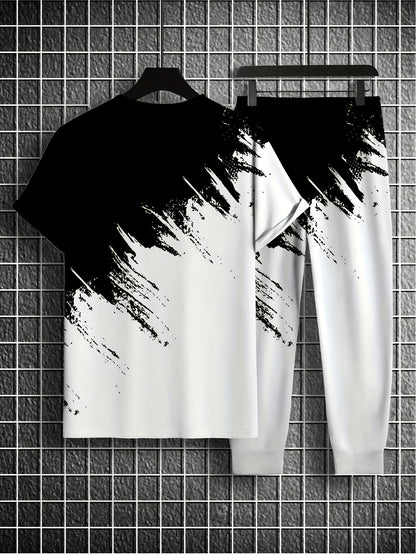 Men's Fashion Gradient Print Four Seasons Round Neck Short Sleeve T-shirt and Pants Set Outdoor Sports Two-piece