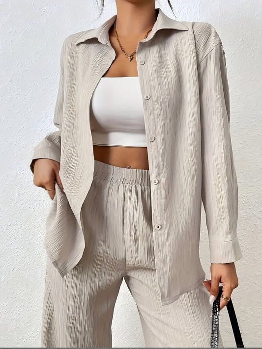 Women'S Casual Solid Color Long Sleeve Shirt + Long Pants 2pcs Set for Spring And Autumn.
