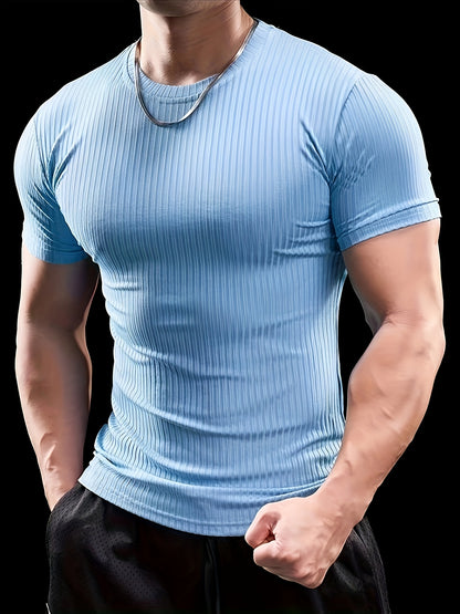 Men's Stretch Fit Short Sleeve T-Shirt - Breathable, Comfortable Polyester Blend, Solid Blue, Crew Neck, Casual & Sporty Style for Spring/Summer