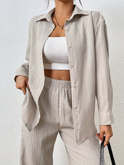 2pcs Women's Spring Autumn Casual Solid Color Long Sleeve Shirt and Pants Set