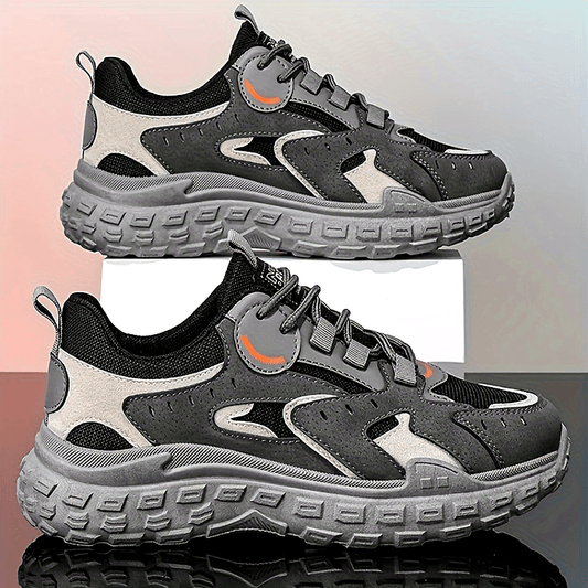 Men's Trendy Chunky Sneakers - Breathable Mesh & PU Upper, Durable PVC Sole, Lace-Up Casual Sneakers in Gray, Black & Orange, All-Season Comfort for Casual Attire