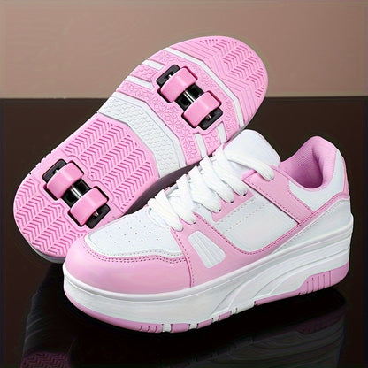 Boys' Fashion Roller Skate Footwear - Non-Slip Dual Wheel, Lace-Up with Durable Buckle Straps, Black & White, Suitable for All Seasons