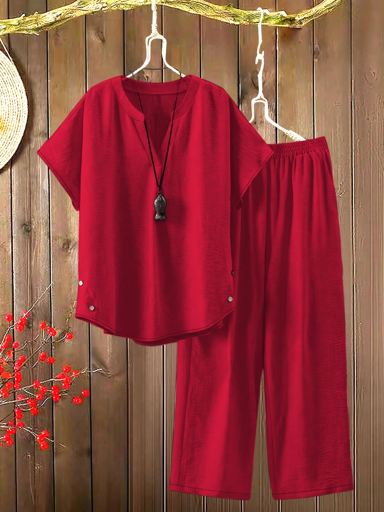 Women'S Solid Color V-Neck Short Sleeve Shirt with Elastic Waist Wide-Leg Pants Two-Piece Set