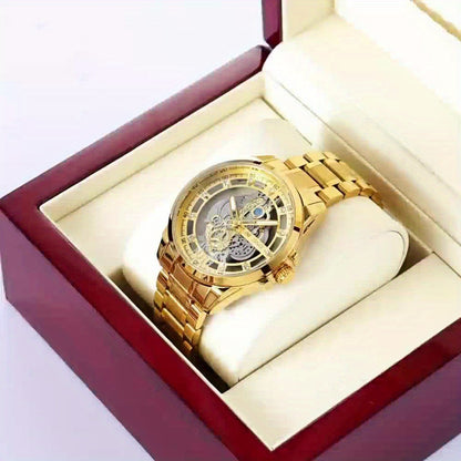 BINBOND Men's Sleek Golden-Tone Quartz Watch - Transparent Dual-Sided Hollow Design, Waterproof with Luminous Hands, Stainless Steel Band, Ideal Gift