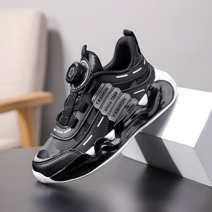 Boys' Striped Sneakers with Rotating Buckle - Casual Running Shoes for Youngsters, Breathable PU & Fabric Lining, Non-Slip EVA Sole