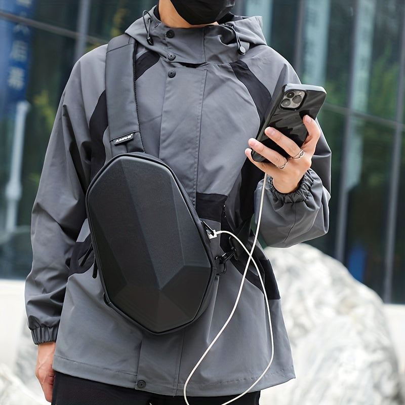 JUMAHE Men's USB Charging Crossbody Bag with Dual Power Ports, Hexagonal Geometric Design Street Style Shoulder Bag - Premium Durable Fabric, Adjustable Strap & Zipper Closure for Daily Commute (Black/Grey), Bags for Travel,