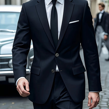 2pcs Luxury Classic Men'S Solid Color Suit - Notched Lapel Blazer and Pants, Regular Fit, Long Sleeve, Traditional Silhouette, Ideal for Weddings, Business Meetings - High-Quality Fabric, Comfortable Wear, Stylish Design, Wed