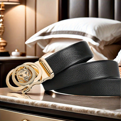 1pc Men'S Automatic Buckle Faux Leather Belt - Elegant Black Business Style with Golden-Tone Buckle, Perfect for Weddings, Business, and Casual Wear - Ideal Gift for Husband or Dad, Formal Belt | Sophisticated Belt | Durable