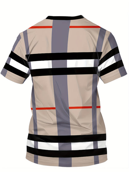 Men'S Casual Striped T-Shirt with Mountain Logo - Short Sleeve, Crew Neck, Lightweight Polyester, Summer Fashion, Casual Wear|Striped Pattern|Lightweight Fabric