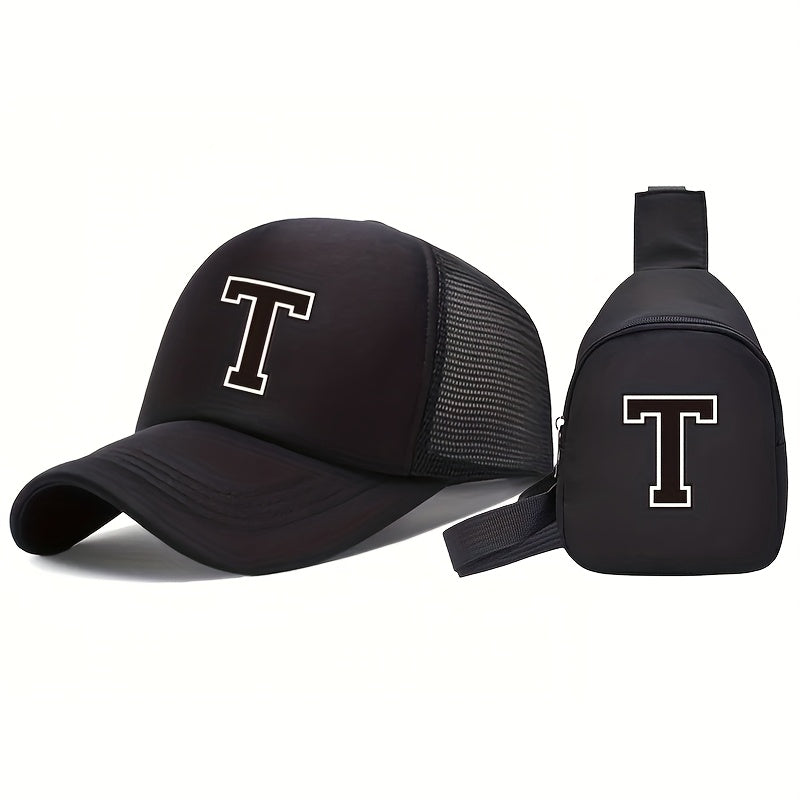 2pcs Youngsters' 26 Letter Print Truck Hat and Chest Bag Set, Fashionable Casual Sun Hat with Portable Storage Wallet, Suitable for Boys Girls Spring Summer Daily Outings, Perfect Back-to-School Season Gift