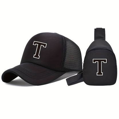 2pcs Youngsters' 26 Letter Print Truck Hat and Chest Bag Set, Fashionable Casual Sun Hat with Portable Storage Wallet, Suitable for Boys Girls Spring Summer Daily Outings, Perfect Back-to-School Season Gift