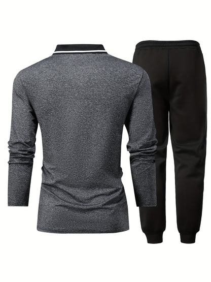 Men's Casual Color-Block Long Sleeve Button-Up Shirt & Drawstring Joggers Set - Polyester Blend, Pockets Included, Perfect for Spring/Fall