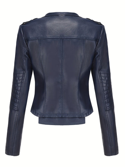 Women'S Casual Faux Leather Jacket, Solid Color, Long Sleeve, Regular Length, Fall/Winter, Zipper Placket, Woven, Non-Stretch Fabric, 100% Polyurethane, Lapel Collar, Dipped Hem Detail