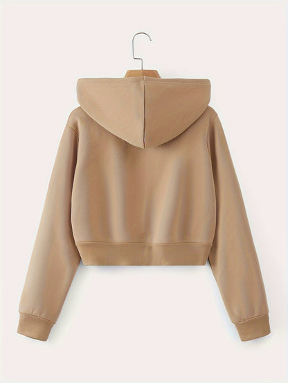 Zip Up Cropped Drawstring Hoodie, Casual Long Sleeve Sweatshirt For Spring & Fall, Women's Clothing