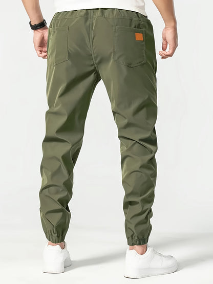 Men's Solid Color Drawstring Cargo Pants - Casual, Loose Fit with Multiple Pockets, Machine Washable