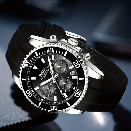 Men'S Sports Watch - Lightweight Silicone Strap with 6-Hand Chronograph, Analog Quarts Movement, 30M Water Resistant, Stopwatch, Calendar, Zinc Alloy Case, Electronic Drive, Non-Rechargeable Button Battery, Perfect for Casual
