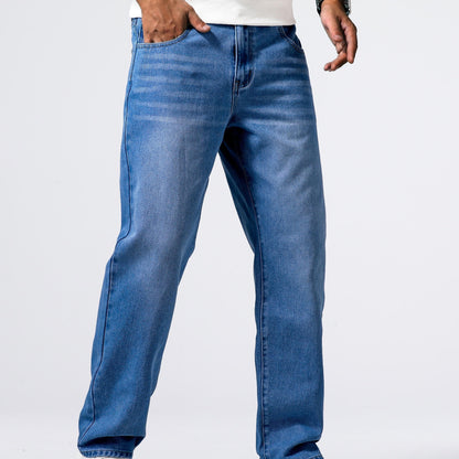 Men'S Loose Fit Straight Leg Jeans, Cotton 85% Polyester 15% Denim, Washed Solid Color Casual Style