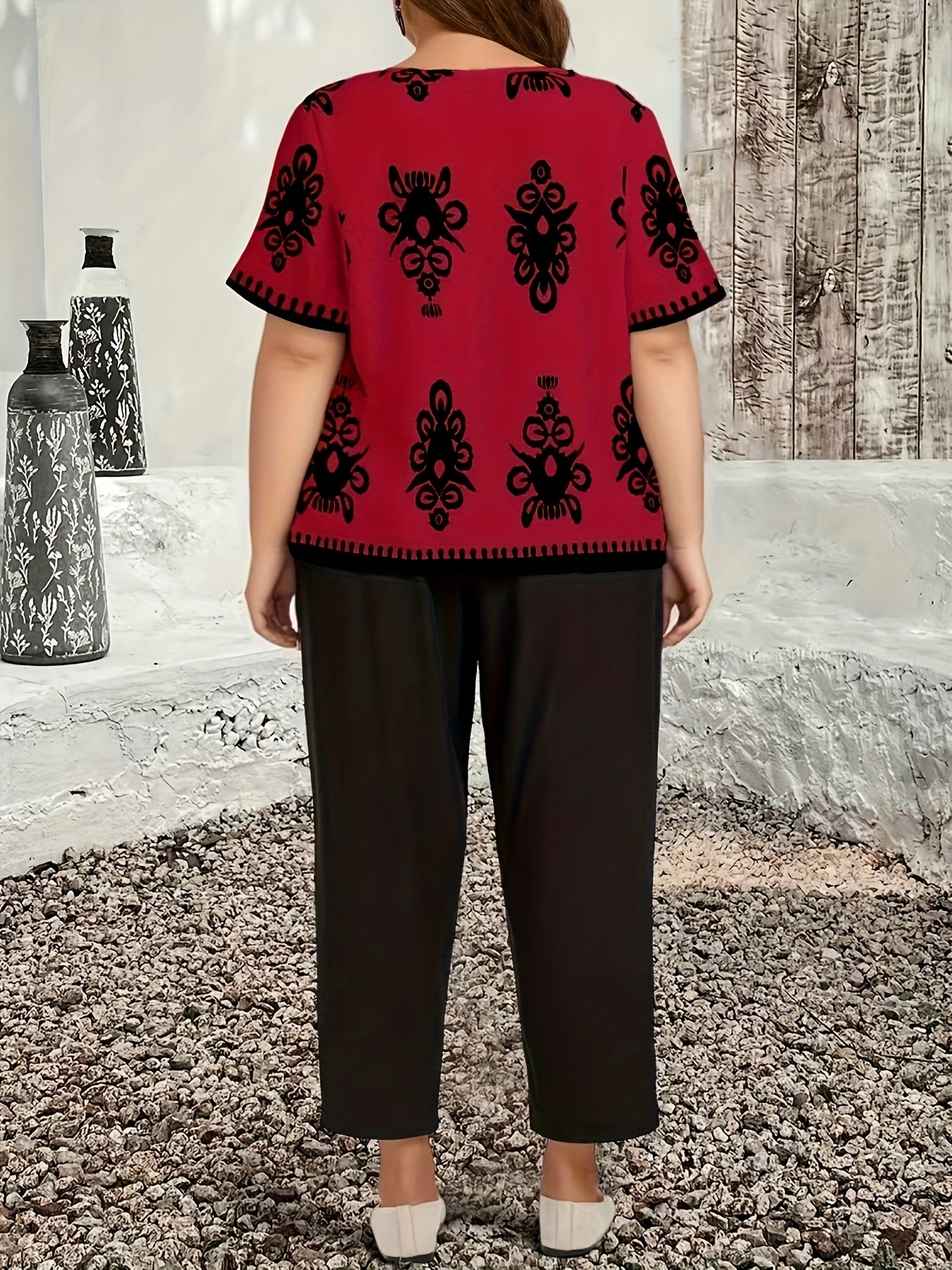 Plus Size Casual Country Print Loose Long Sleeve Pullover and Pants Two-Piece Set, Elegant Autumn Leonie