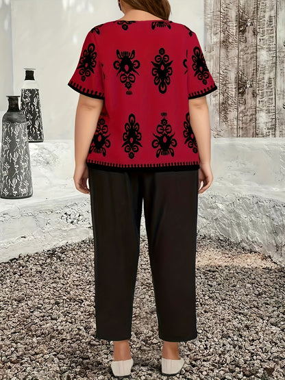 Plus Size Casual Country Print Loose Long Sleeve Pullover and Pants Two-Piece Set, Elegant Autumn Leonie