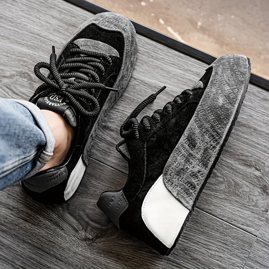 Men's Lightweight Breathable Casual Sneakers - Thick Cushioned Sole, Lace-Up Low-Top Design, Durable PU & PVC Construction for All-Season Outdoor, Gym, Running & Daily Wear - Black, Outdoor Walking Shoes, Chunky Sole, Comfort