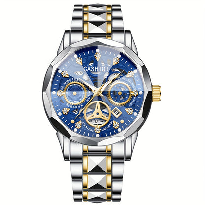 CASHIQI Brand Men'S Steel Strap Quartz Watch with Rhombus Dial, Sparkling Decoration, Calendar, And Luminous Display, IPX7 Waterproof Hollow Quartz Watch for Business, Travel, And Casual Wear - A Perfect Gift Choice.