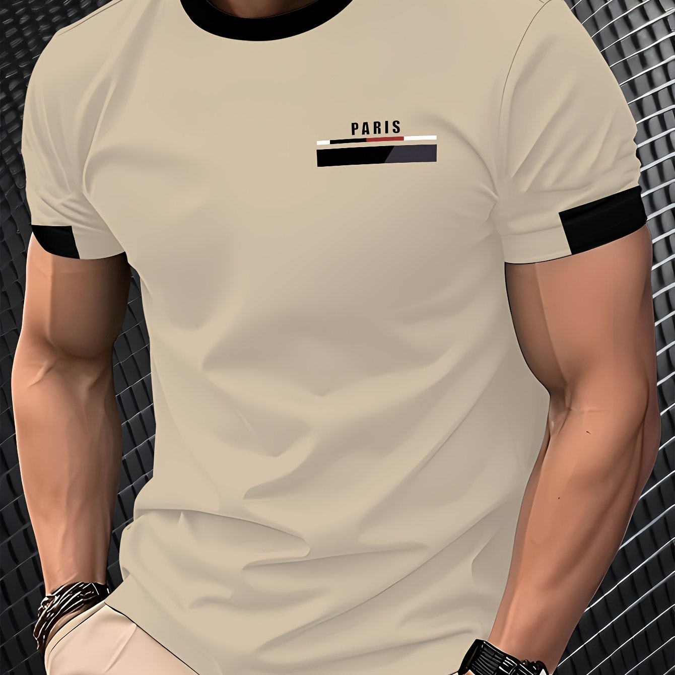 Men'S Paris Graphic T-Shirt - Green Polyester Crew Neck Tee with White Stripes & Print - Casual Sporty Knit Top for Casual Attire, Breathable Fabric