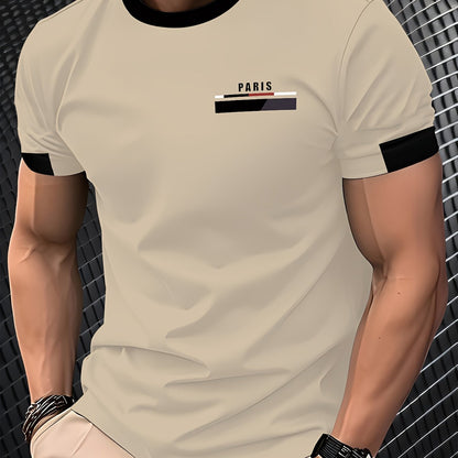 Men'S Paris Graphic T-Shirt - Green Polyester Crew Neck Tee with White Stripes & Print - Casual Sporty Knit Top for Casual Attire, Breathable Fabric