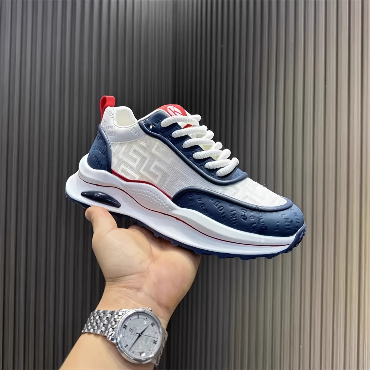 Men's Lightweight Breathable Low-Top Sneakers - PU Upper & PVC Sole, White/Navy/Red Accents, Lace-Up Round Toe for Casual, Outdoor, Running & Gym - All-Season Comfort Shoes, Casual Footwear, Geometric Pattern, Comfortable Fit