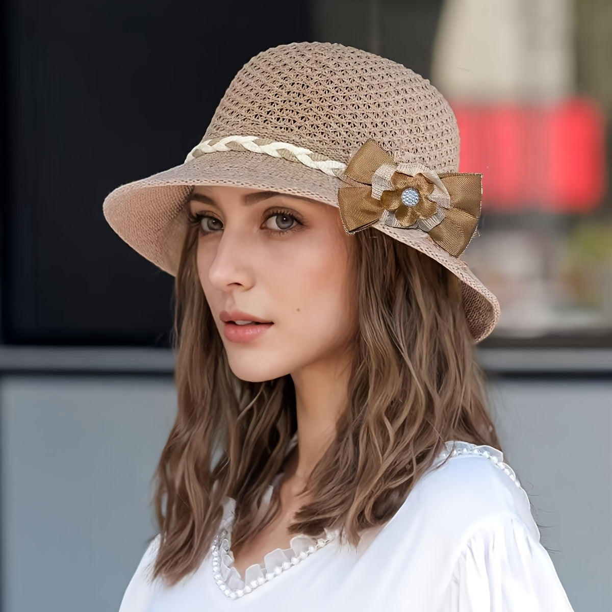1pc Elegant Women's Floral-Decorated Straw Hat - Breathable Hollow Fisherman Sun Hat with Wide Brim, Jacquard Beige & Brown Summer Beach Hat for Outdoor Travel, Casual Outings & Daily Wear, Fishing Hat, Decorative Bow Accent,