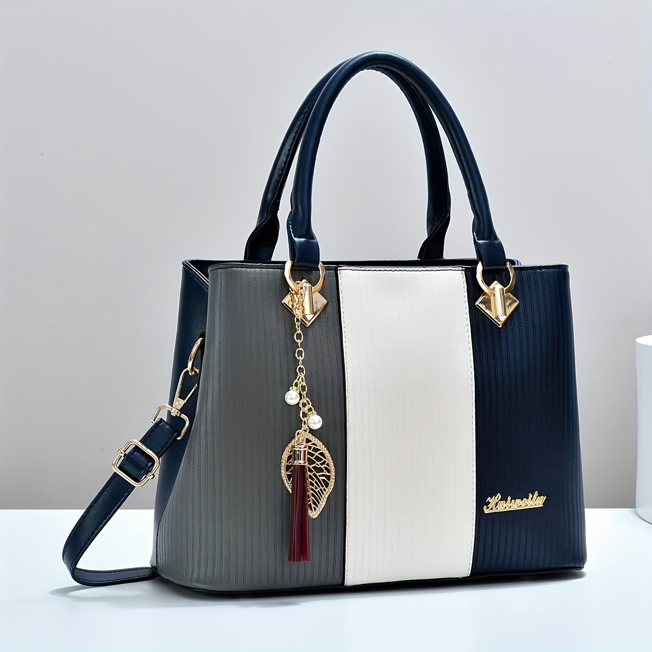 Elegant Red & Black Striped Handbag with Golden Accents - Adjustable Shoulder Strap, Zipper Closure, Polyester Lining, Stylish Mom & Everyday Bag, Everyday Handbag|Striped Pattern Tote|Durable Handle Tote
