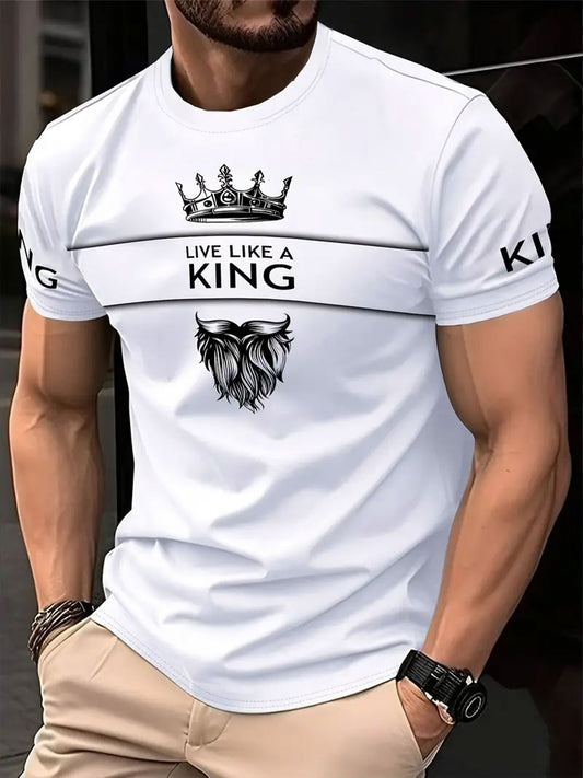Men'S Casual Short Sleeve T-Shirt - Breathable Summer Tee with Crown & Wings Graphic, Regular Fit Round Neck, Lightweight Comfort for Casual Attire, Comfortable Clothing | Stylish Casualwear | Breathable Fabric