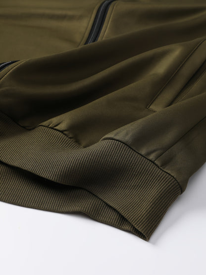 Men's Spring/Fall Casual Zip-Up Jacket & Drawstring Sweatpants Set in Olive Green & Black - Durable Polyester, Machine Washable, with Pockets for Everyday Style