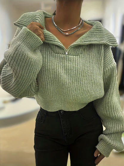 Autumn and Winter Half-Zip Short Fashion Lantern Sleeve Pullover Sweater to Show Your Figure and Versatile