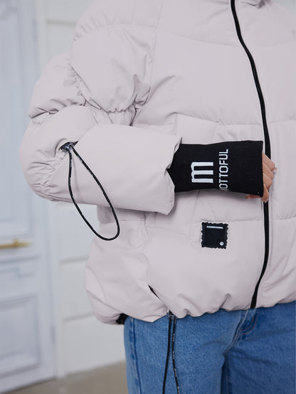 Women's Stylish Beige Puffer Jacket - Casual Warm Winter Coat with Black Trim, Long Sleeves & Zippered Hood, Polyester Fabric for Outdoor Comfort