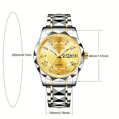 Elegant Men's Stainless Steel Watch with Dual Calendar, Luminous Display & Rhinestone Accents - Perfect for Business or Casual Wear