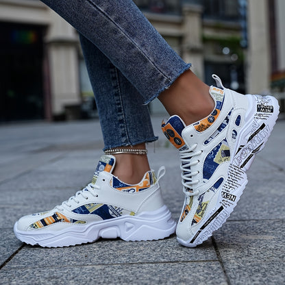 Men'S & Women'S Graffiti Couple Sneakers, All-Season Lightweight Cushioned Running Shoes, Stability Pronation, Cartoon Pattern, MD Sole, EVA Insole, Polyurethane Upper, Fabric Lining