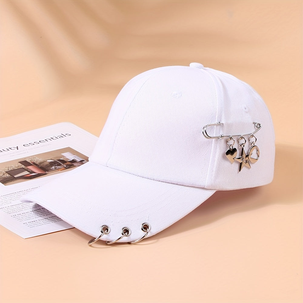 Adjustable Black Polyester Baseball Cap for Women - Trendy Korean Style with Heart & Star Pin, Versatile Fashion Accessory for Spring/Summer, Baseball Cap