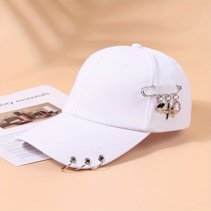 Adjustable Black Polyester Baseball Cap for Women - Trendy Korean Style with Heart & Star Pin, Versatile Fashion Accessory for Spring/Summer, Baseball Cap